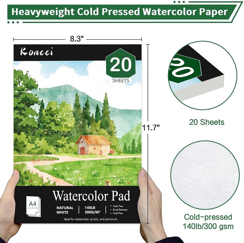 KORCCI Watercolor Paper Pad (8.3"x11.7"-A4), 20 Sheets Watercolor Sketchbook, 140lb/300gsm, Glue Bound, Natural White, Cold Press & Acid-Free Water Color Paper for Beginner Students - Image 2